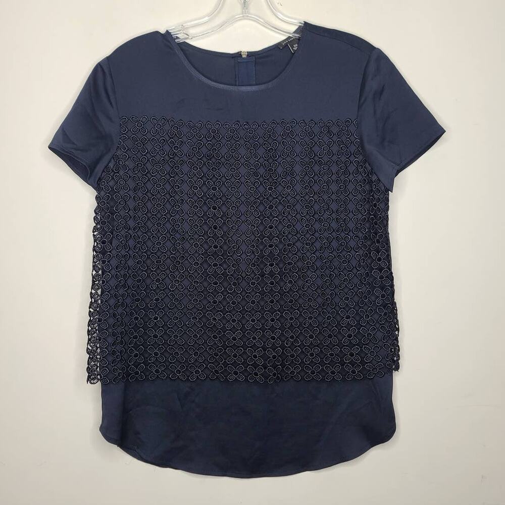 Ann Taylor navy blouse with floral crochet overlay - XS